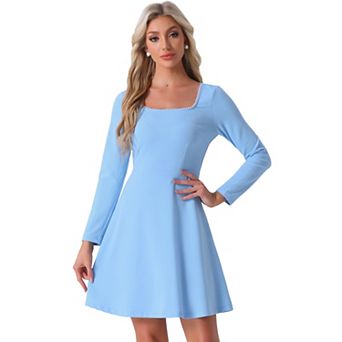 Women's Scoop Neck Beaded Long Sleeve High Waist Elegant Flared Dress