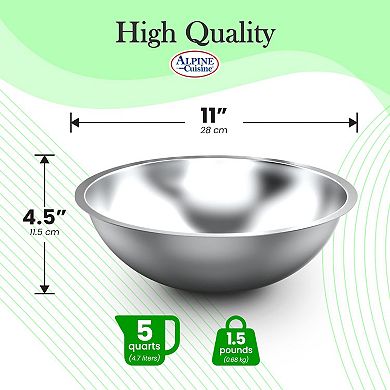 Alpine Cuisine 5-quart Stainless Steel Kitchen Mixing Bowls, Salad Bowls Heavy Duty Deeper Edge