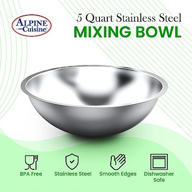 Alpine Cuisine 5-quart Stainless Steel Kitchen Mixing Bowls, Salad Bowls Heavy Duty Deeper Edge