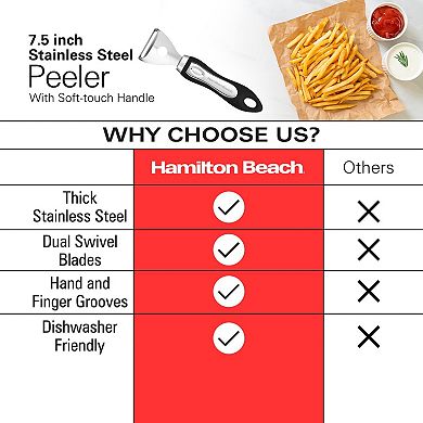 Hamilton Beach Y Shape Peeler Stainless Steel 7.5 Soft Touch Handle, Carrot, Veggie, Potatoes, Black