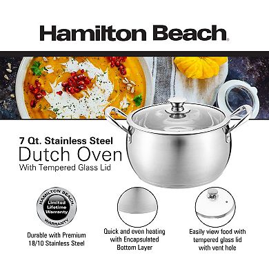 Hamilton Beach 7 Quart Stainless Steel Belly Design Dutch Oven Pot With Glass Lid
