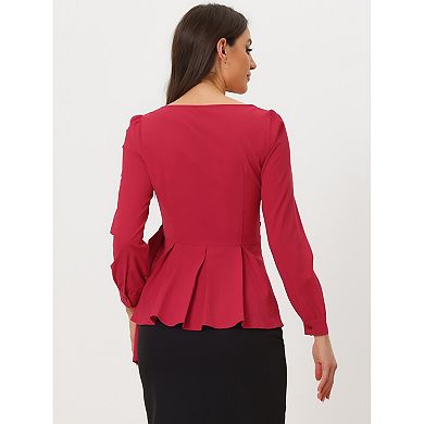 Women's Long Sleeve V Neck Irregular Hem Belted Peplum Blouses
