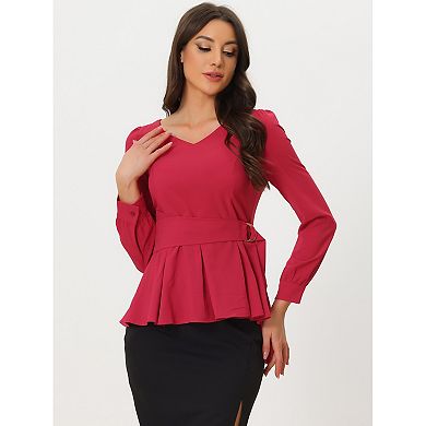 Women's Long Sleeve V Neck Irregular Hem Belted Peplum Blouses