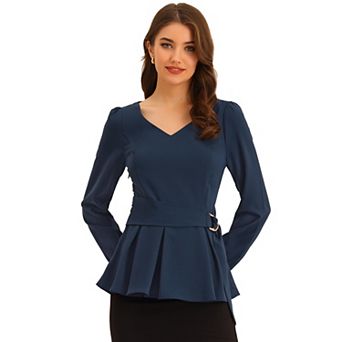 Women's Long Sleeve V Neck Irregular Hem Belted Peplum Blouses