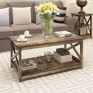 Contemporary 2-tier Farmhouse Coffee Table In Rustic Wood Finish