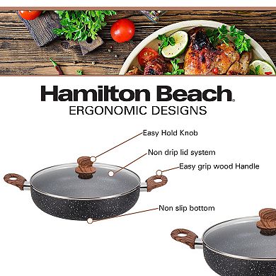 Hamilton Beach 4.5 Quart Round Dutch Oven, Nonstick Marble Coating, Glass Lid, Wooden-like Handle