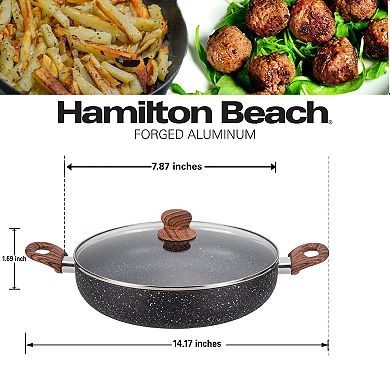 Hamilton Beach 4.5 Quart Round Dutch Oven, Nonstick Marble Coating, Glass Lid, Wooden-like Handle