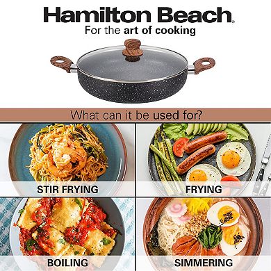 Hamilton Beach 4.5 Quart Round Dutch Oven, Nonstick Marble Coating, Glass Lid, Wooden-like Handle
