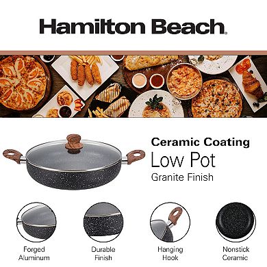 Hamilton Beach 4.5 Quart Round Dutch Oven, Nonstick Marble Coating, Glass Lid, Wooden-like Handle