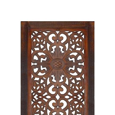 2 Piece Mango Wood Wall Panel Set with Mendallion Carving, Burnt Brown