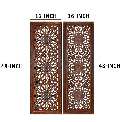 2 Piece Mango Wood Wall Panel Set with Mendallion Carving, Burnt Brown