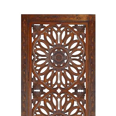 2 Piece Mango Wood Wall Panel Set with Mendallion Carving, Burnt Brown