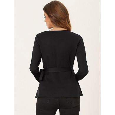 Casual Wrap Peplum Tops For Women's Elegant V Neck Long Sleeves Knit Blouse