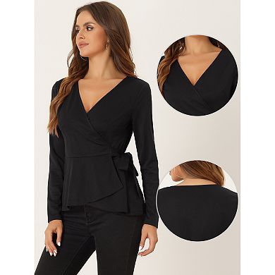 Casual Wrap Peplum Tops For Women's Elegant V Neck Long Sleeves Knit Blouse