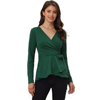 Casual Wrap Peplum Tops For Women's Elegant V Neck Long Sleeves Knit Blouse