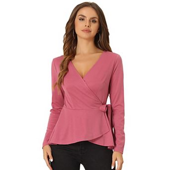 Casual Wrap Peplum Tops For Women's Elegant V Neck Long Sleeves Knit Blouse