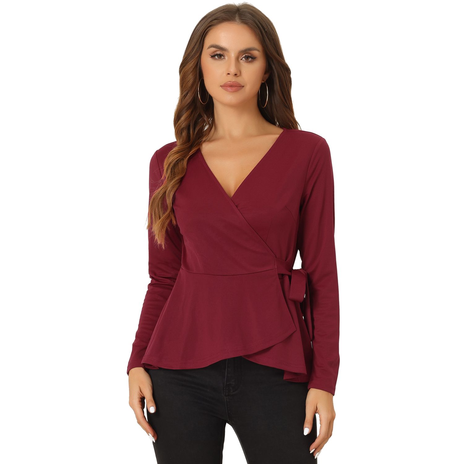 Lovedrobe Damen Wickelbluse Mit Peplum – V-Ausschnitt, Ballonärmel, Blatt-Print