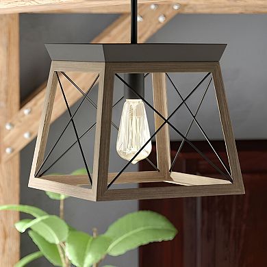 Antique Bronze Geometric Lantern Pendant Light with Faux Wood Finish for Kitchen or Dining Room
