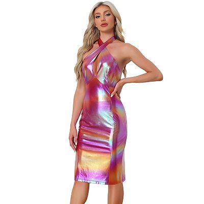 Women's Sparkly Criss Cross Halter Neck Dress Y2k Keyhole - Main Image