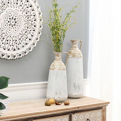 LuxenHome Set Of 2 Distressed Off White And Rustic Brown Metal Pitcher Vase