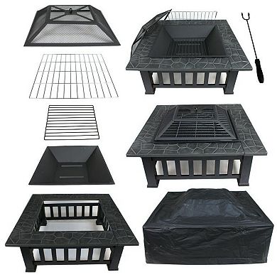 32-in. Square Outdoor Fire Pit With Accessories