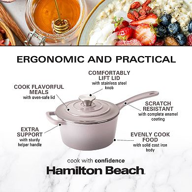 Hamilton Beach 2-qt Gray Enameled Cast Iron Sauce Pan, Oven Safe To 400°f, Even Heat, Easy To Clean