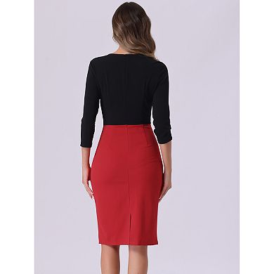 Women's Elegant Pencil Dress Round Neck 3/4 Sleeves Contrast Office Sheath Dresses