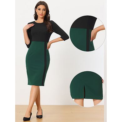Elegant Pencil Dress For Women's Round Neck 3/4 Sleeves Contrast Office ...