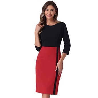 Women's Elegant Pencil Dress Round Neck 3/4 Sleeves Contrast Office Sheath Dresses