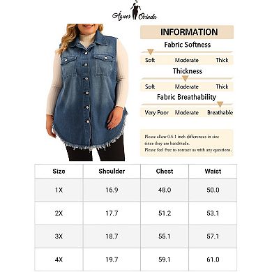 Women's Plus Size Button Up Frayed Hem Shacket Sleeveless Pockets Denim Jean Jacket Vest