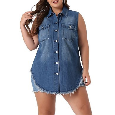 Women's Plus Size Button Up Frayed Hem Shacket Sleeveless Pockets Denim Jean Jacket Vest