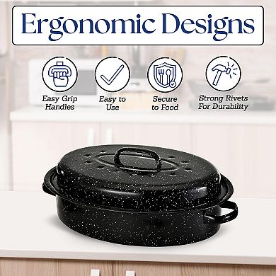 Alpine Cuisine Enamel Oval Roaster , Carbon Steel Oval Roasting Pan 15-inch Oven & Dishwasher Safe