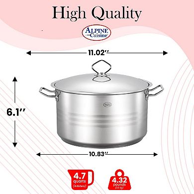 Alpine Cuisine Stainless Steel Dutch Oven With Lid & Easy Cool Handle, Dishwasher Safe-4.7 Quart