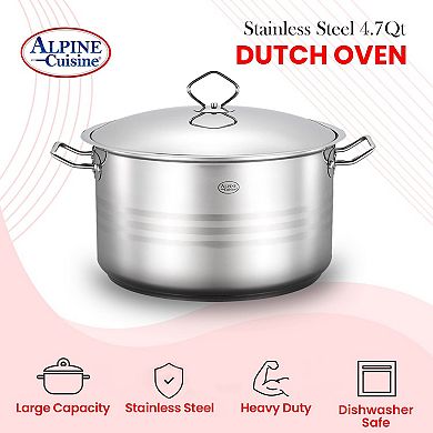 Alpine Cuisine Stainless Steel Dutch Oven With Lid & Easy Cool Handle, Dishwasher Safe-4.7 Quart