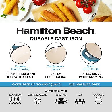 Hamilton Beach Enameled Cast Iron Fry Pan 12" Navy, Skillet Pan For Stove Top And Oven, Durable