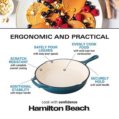 Hamilton Beach Enameled Cast Iron Fry Pan 12" Navy, Skillet Pan For Stove Top And Oven, Durable