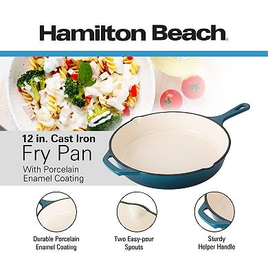 Hamilton Beach Enameled Cast Iron Fry Pan 12" Navy, Skillet Pan For Stove Top And Oven, Durable