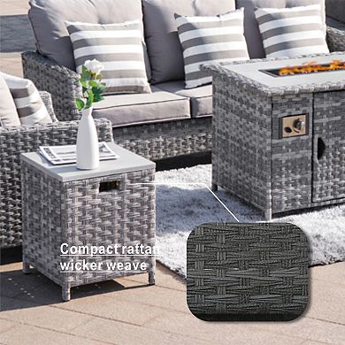 5-Seat Patio Gray Wicker Conversation Sofa Set with 25.59"H Gas Fire Pit Table&Side Table