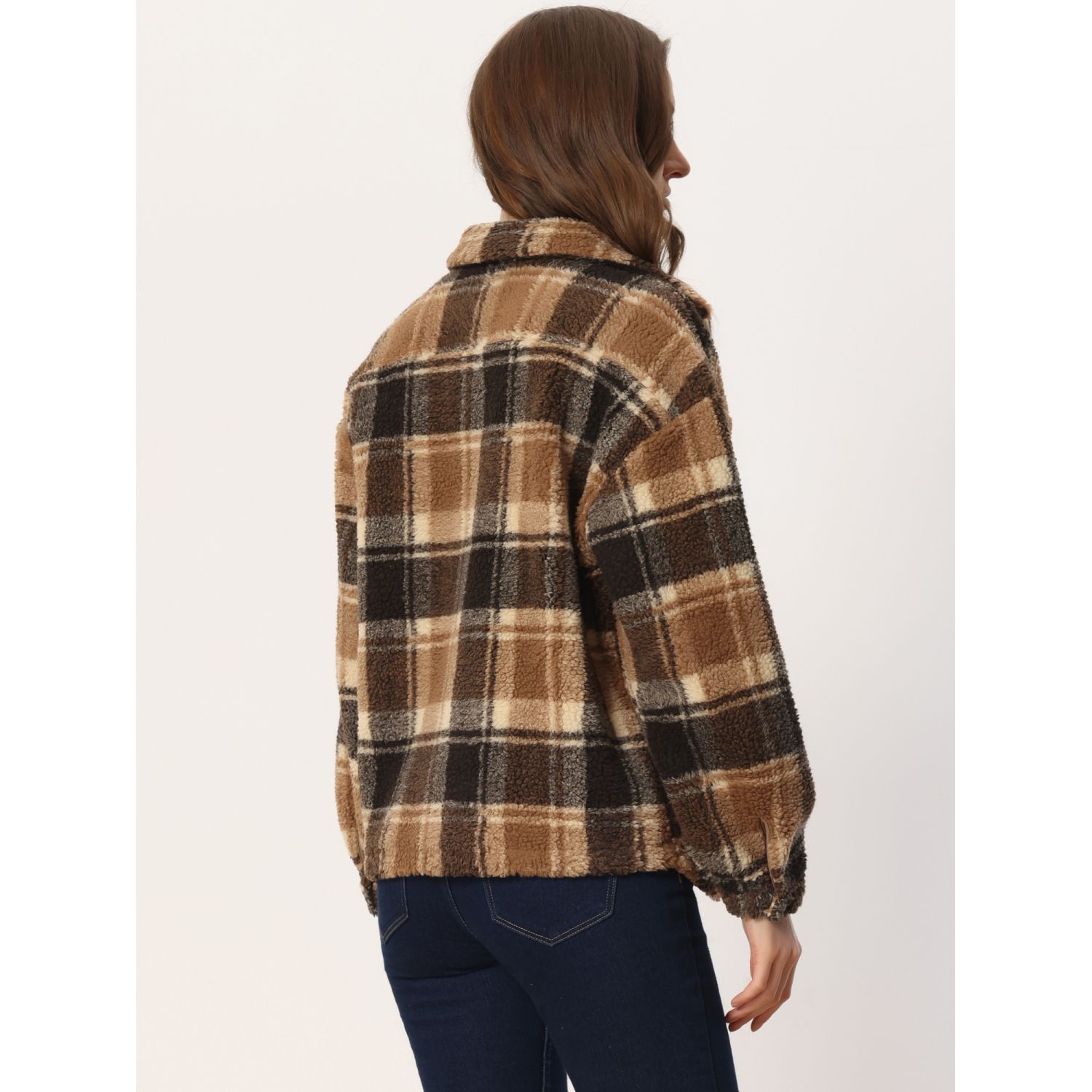 Womens Casual Plaid Shacket Long Sleeve Wool Blend Button