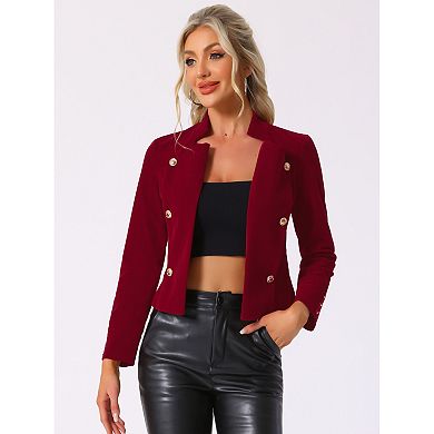 Women's Vintage Stand Collar Open Front Button Decor Velvet Jacket