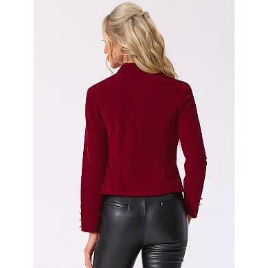Women's Vintage Stand Collar Open Front Button Decor Velvet Jacket