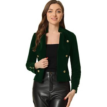 Women's Vintage Stand Collar Open Front Button Decor Velvet Jacket