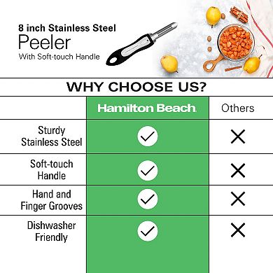 Hamilton Beach Peeler Stainless Steel 8in Soft Touch Handle, Carrots And Potatoes - Black
