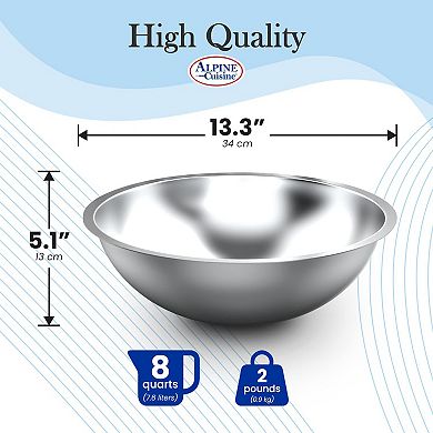 Alpine Cuisine 8-quart Stainless Steel Kitchen Mixing Bowls, Salad Bowls Heavy Duty Deeper Edge