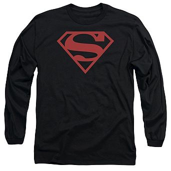 Superman Red On Black Shield Long Sleeve Adult T-shirt