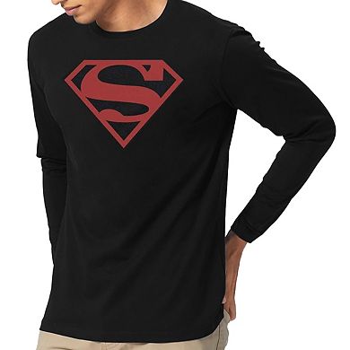 Superman Red On Black Shield Long Sleeve Adult T-shirt