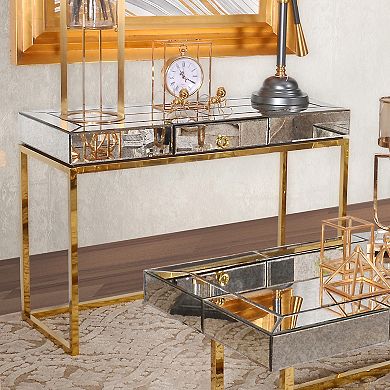 Hollywood Glam Antiqued Mirrored Greek Gold Design Console Sofa Accent Table