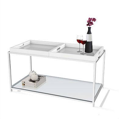 Modern Chrome Metal Coffee Table With 2 White Removable Trays