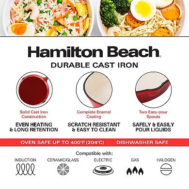 Hamilton Beach Enameled Cast Iron Fry Pan 10-inch Red, Cream Enamel Coating