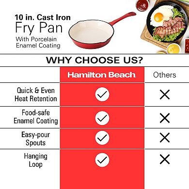 Hamilton Beach Enameled Cast Iron Fry Pan 10-inch Red, Cream Enamel Coating